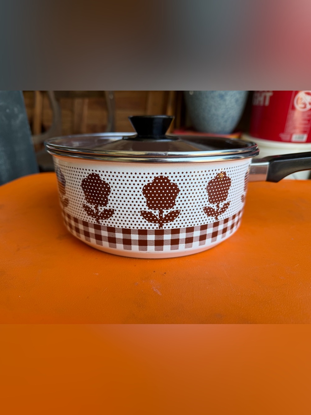 Brown Floral Enamel Saucepan with Lid